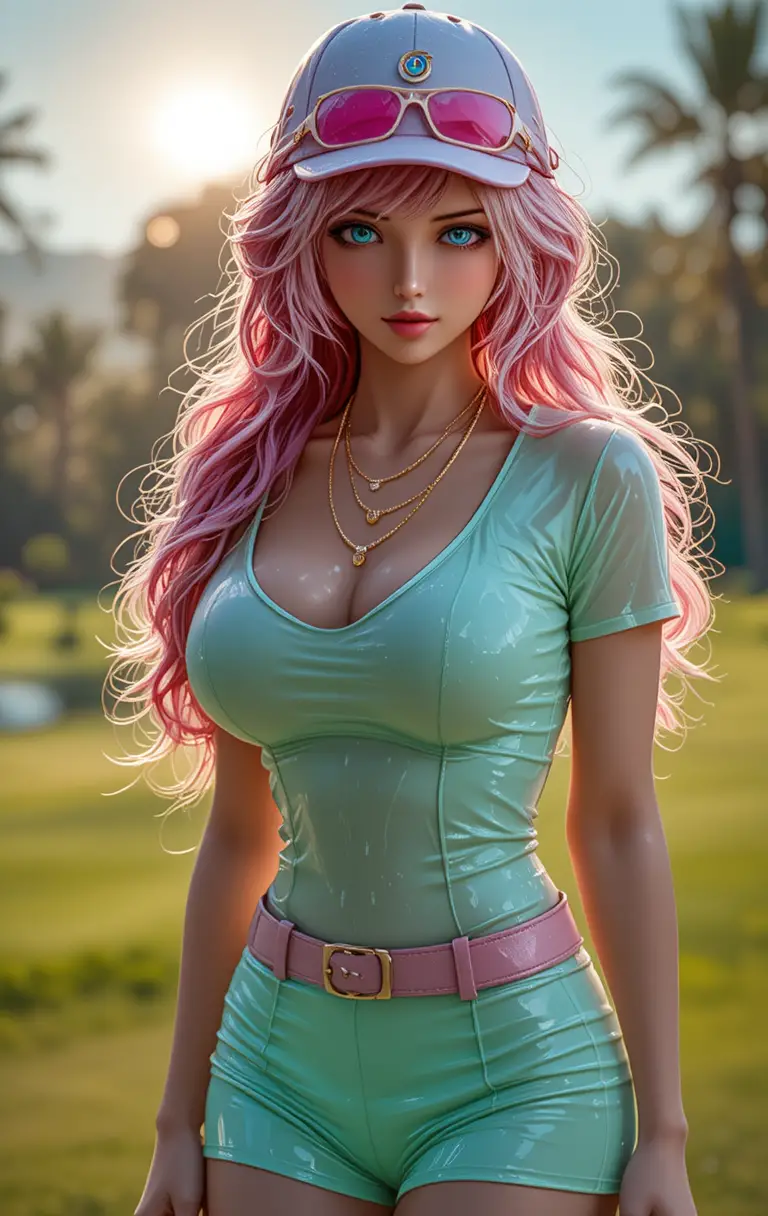 Curvy pink haired woman swinging a golf club