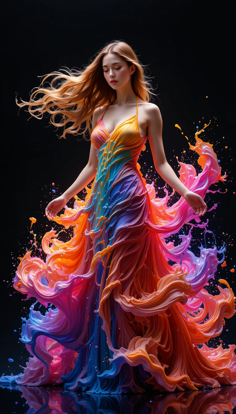 Elegant woman in flowing colorful liquid silk dress