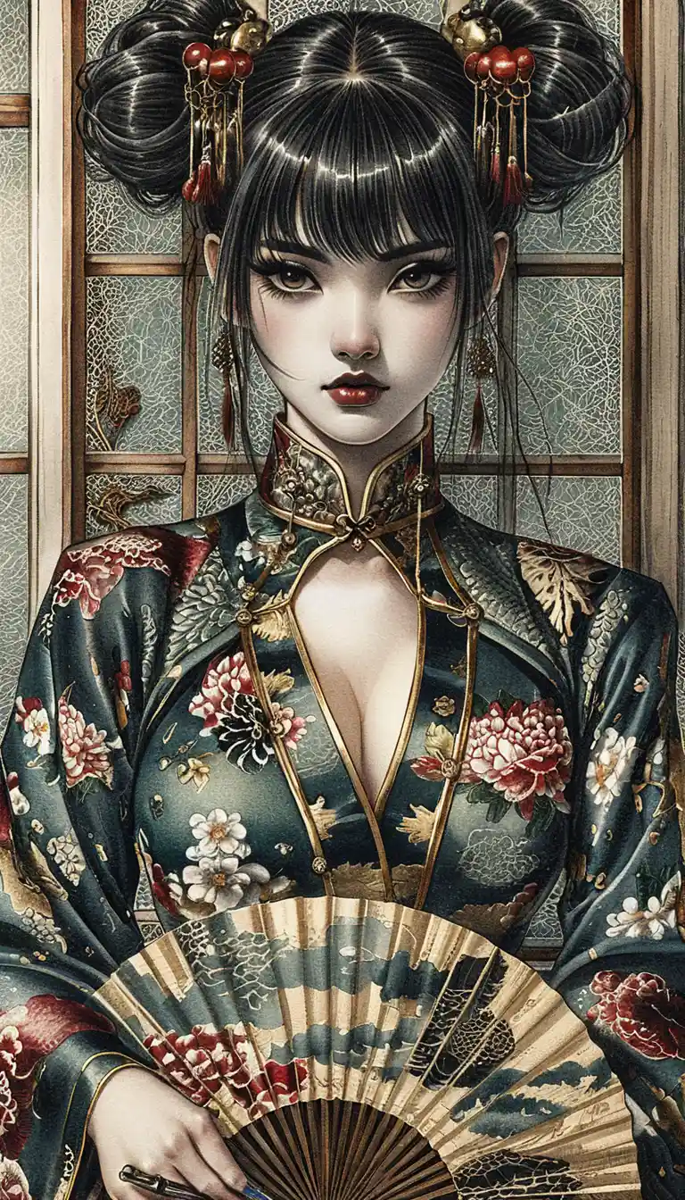 Dark fantasy woman in emerald cheongsam with folding fan