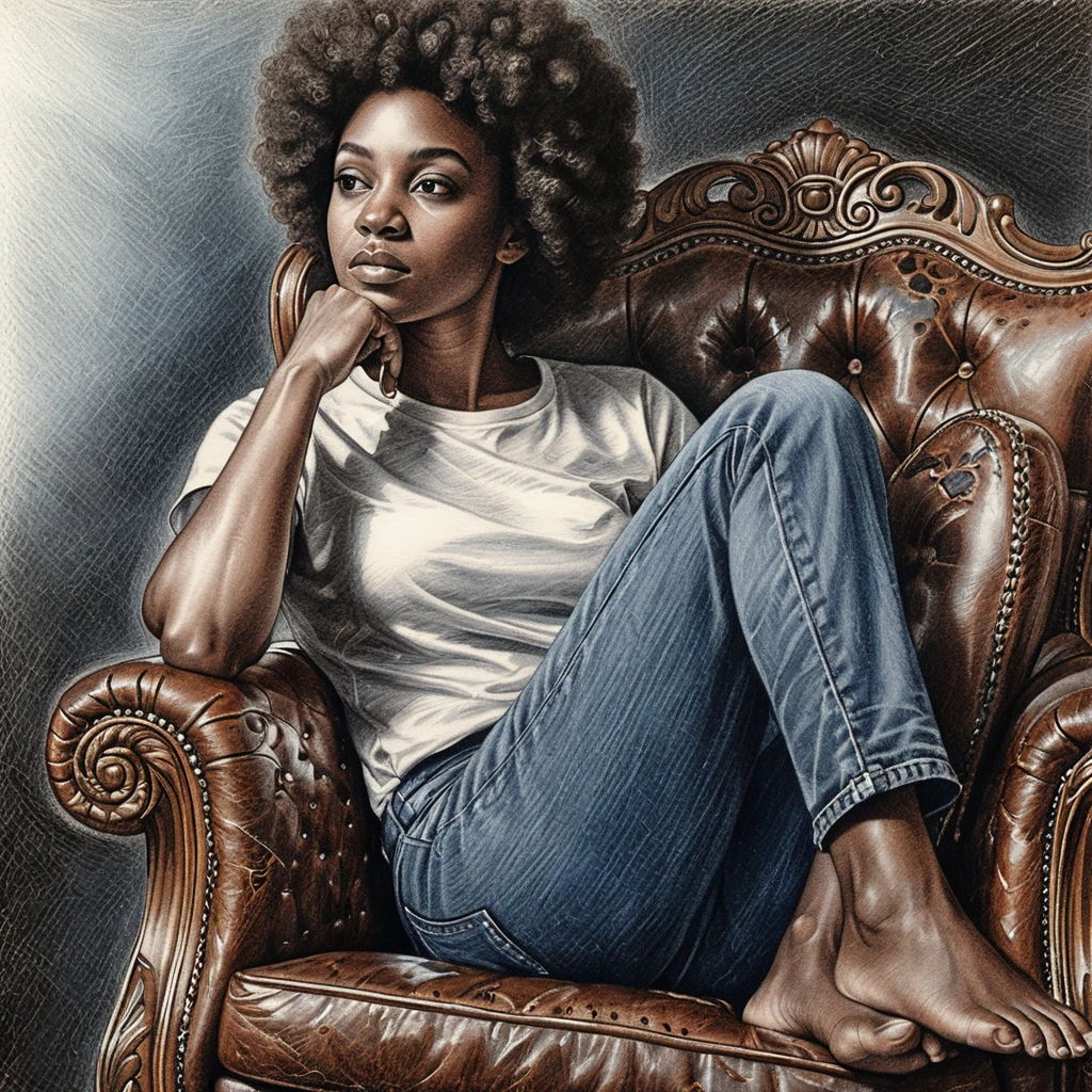 Young woman reclining in an antique armchair drawing