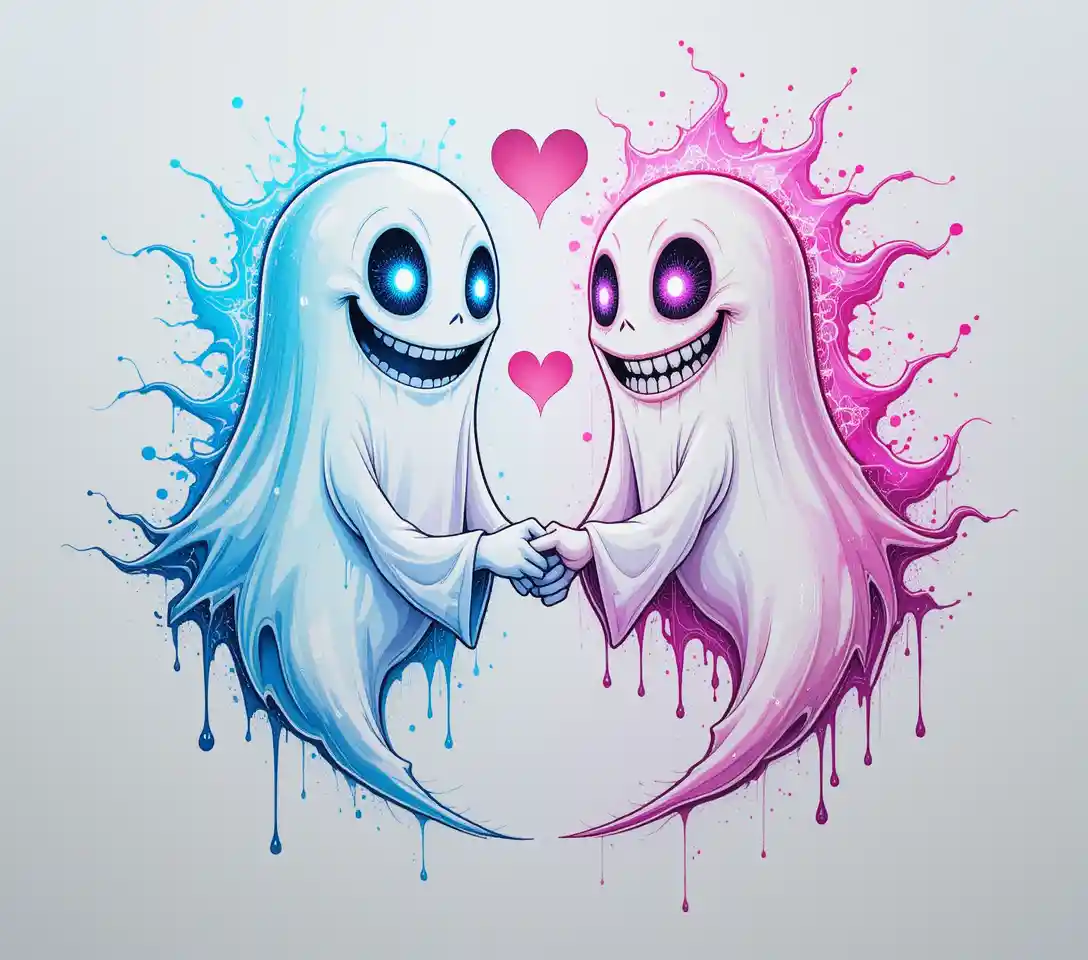 Cute ghost couple holding hands in tattoo style art