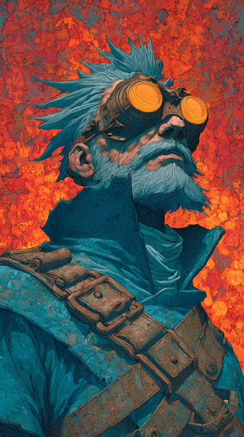 Steampunk hero with glowing goggles in fiery abstract sky