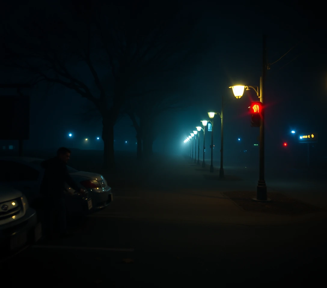 Surreal night scene capturing the heavy tension of dangerous waiting