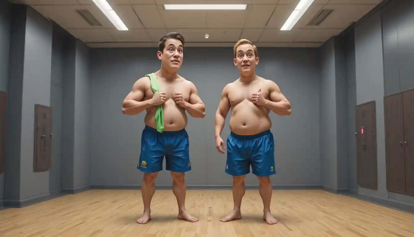 Athletic man and woman changing in modern gym locker room
