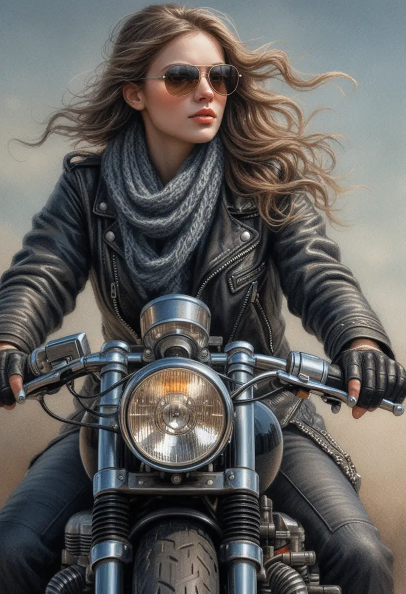 自信に満ちた女性がビンテージバイクでこちらに向かって走る
