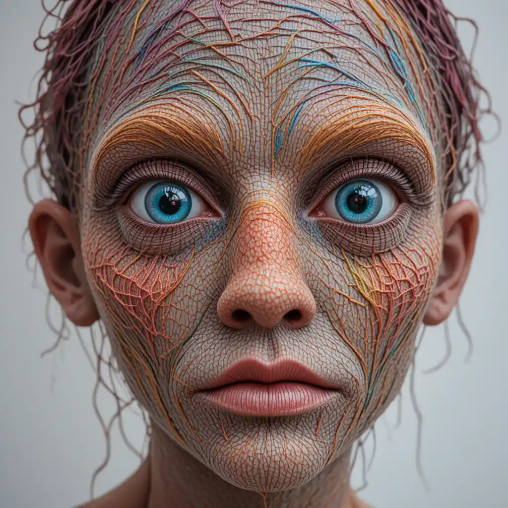 Surreal knitted yarn face with vibrant alien features