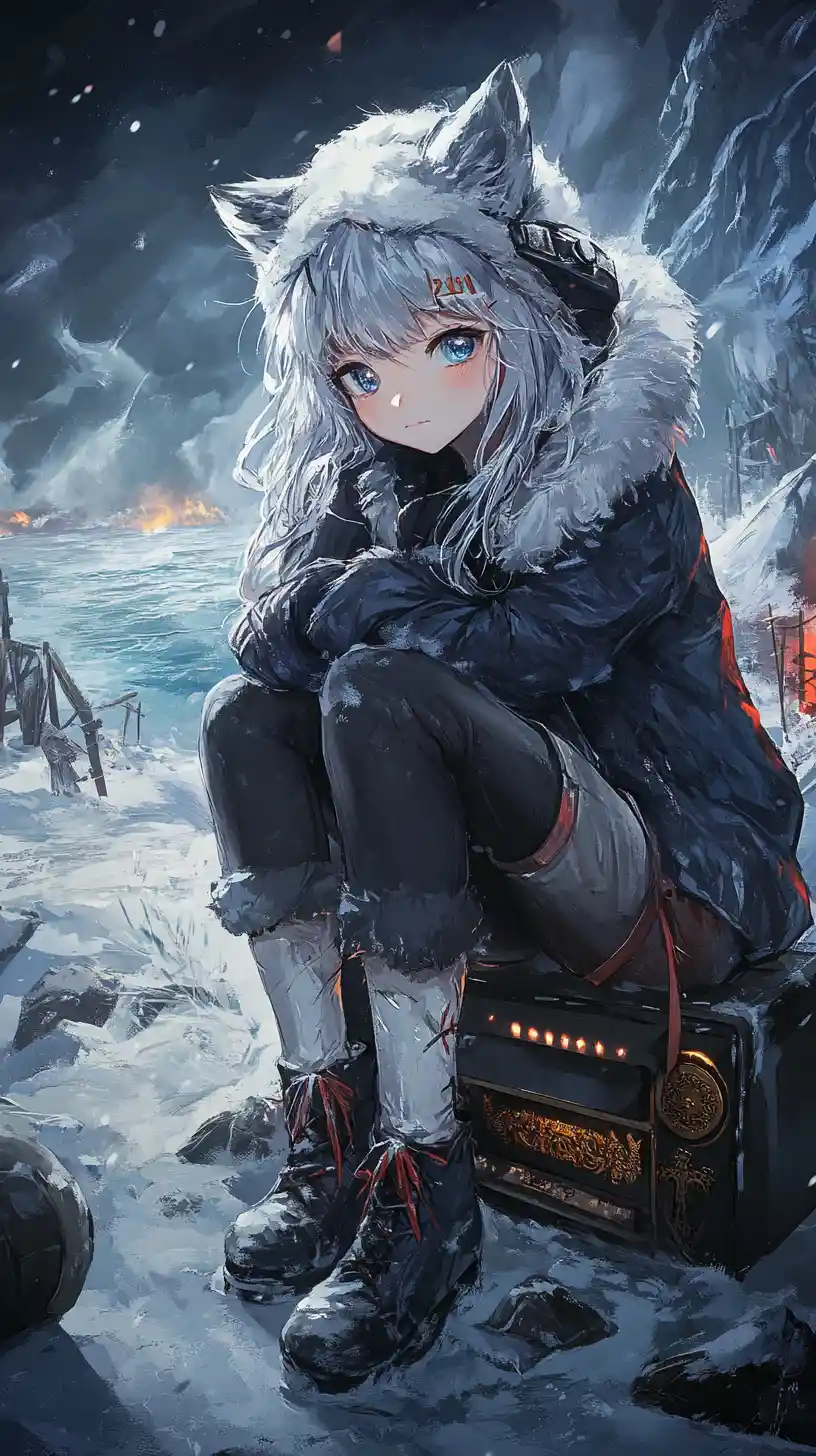 Silver haired girl in winter clothes by a bonfire beach
