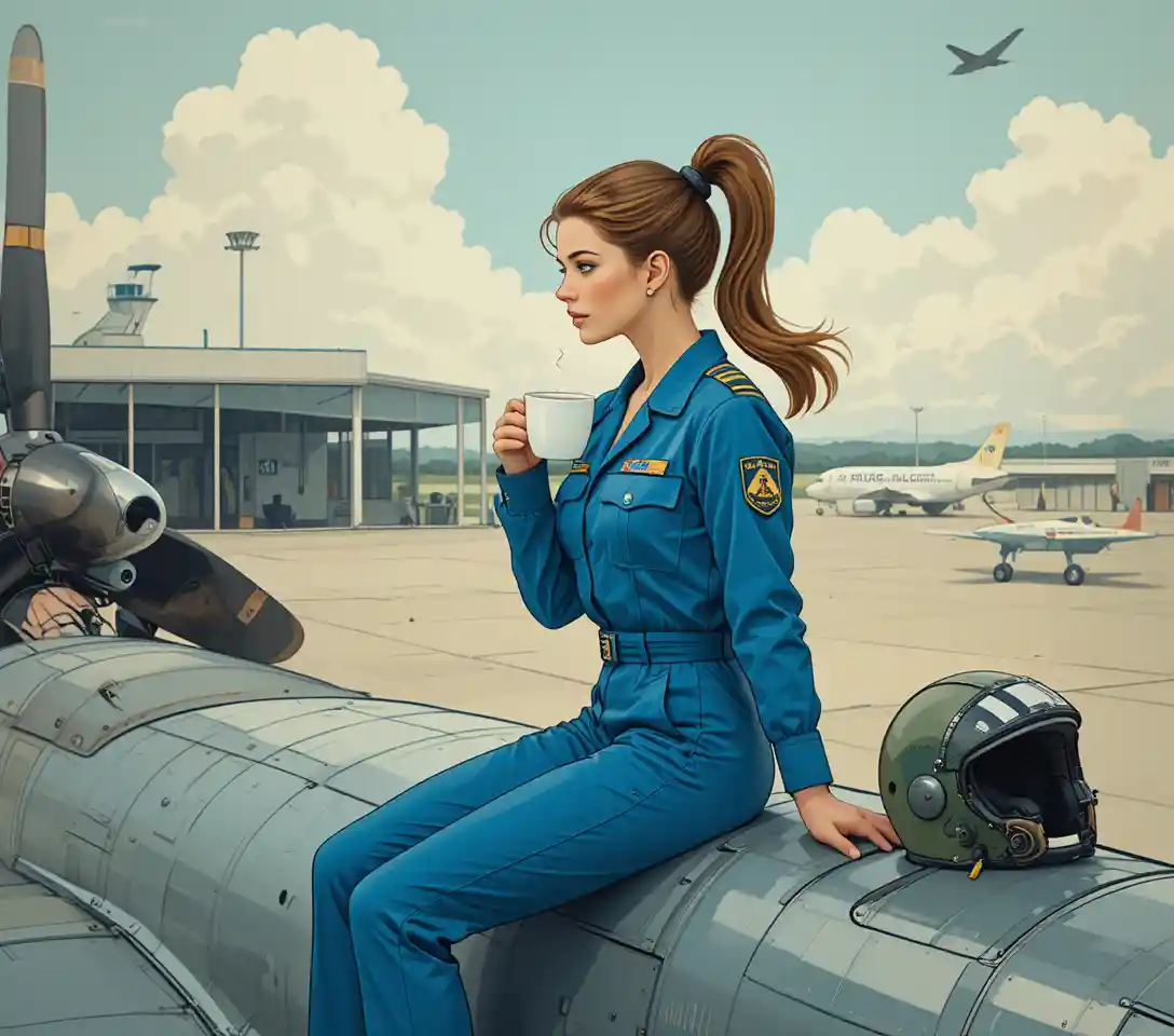 Woman On Aircraft Wing Sipping Coffee In Vintage Airport