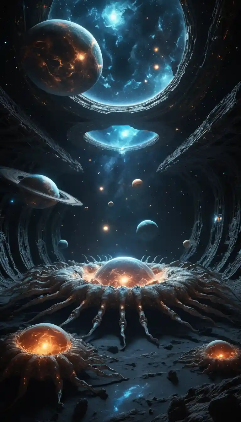 Ancient cosmic beings forming galaxies in endless space