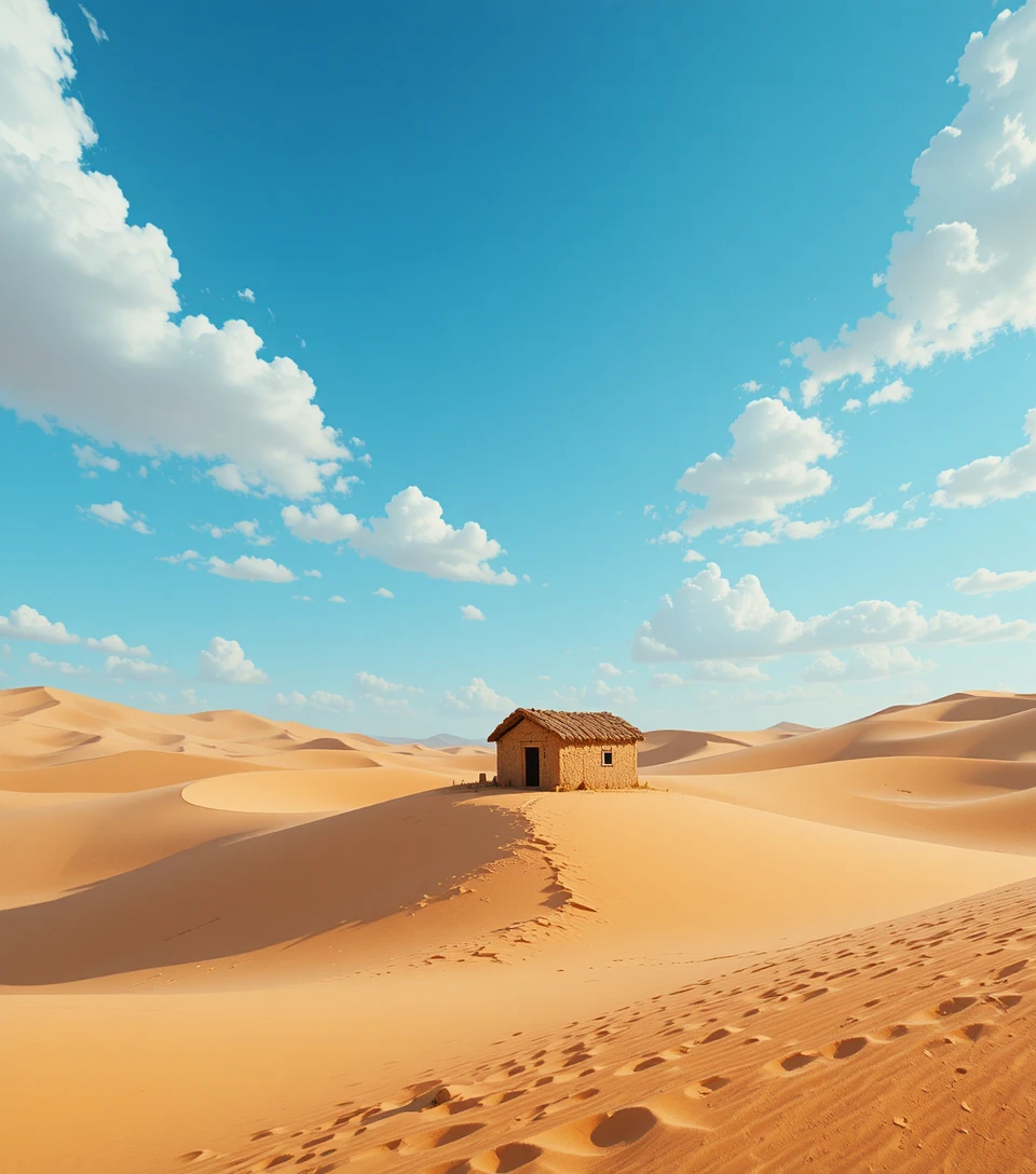 Lonely mud hut in vast golden desert under blue sky