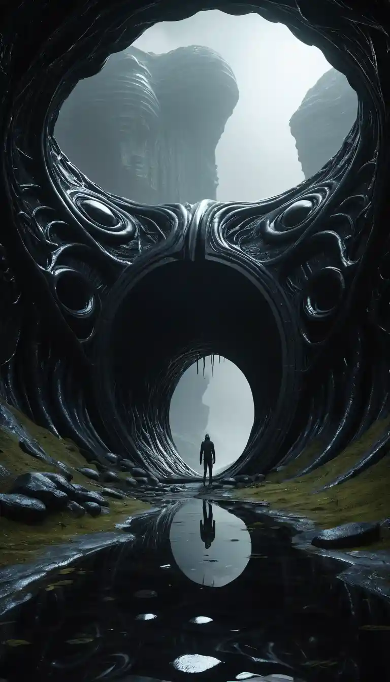 Biological Latex Dungeon Portal In A Surreal Alien Landscape