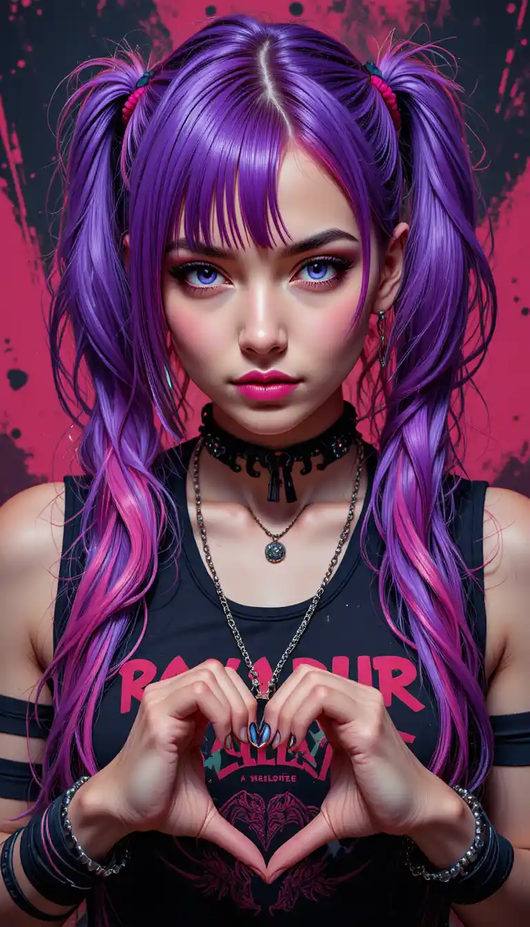 Punk girl with purple pigtails making a heart gesture
