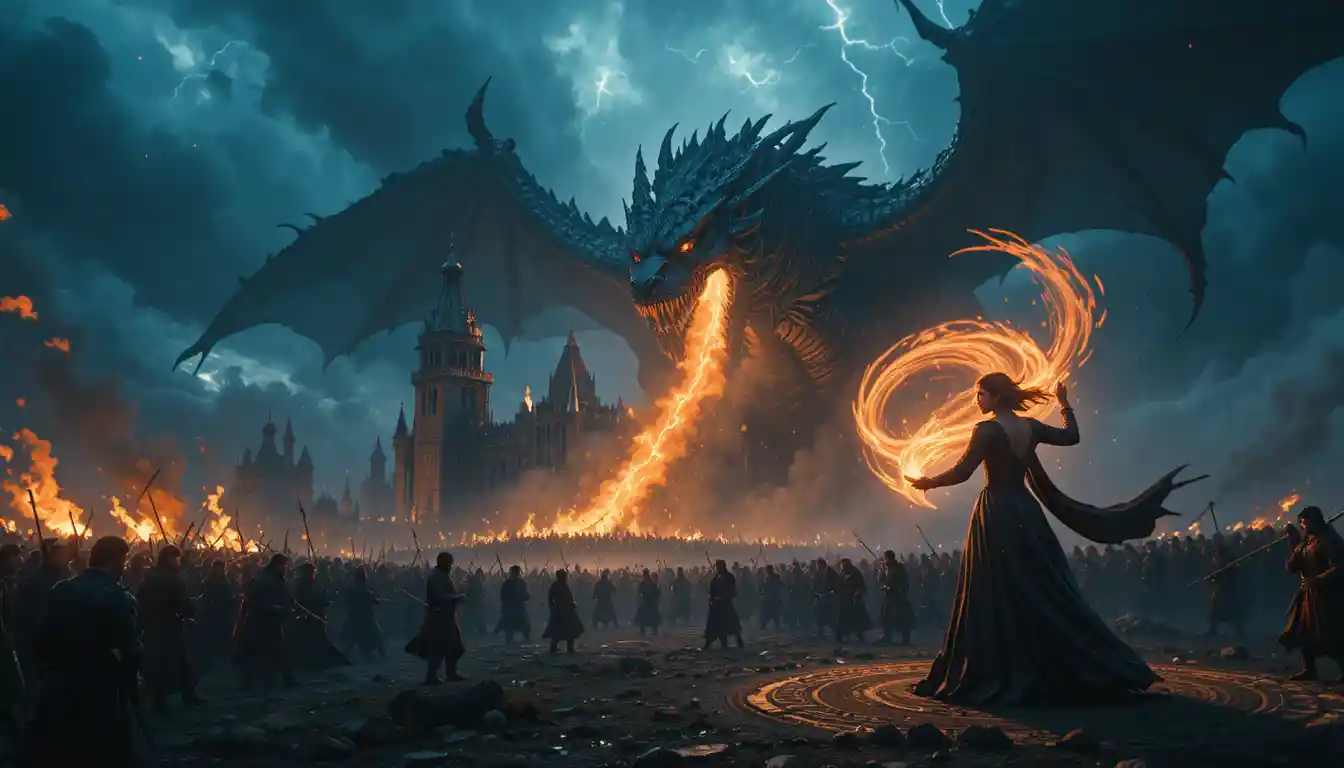 Dragon Assaulting A Medieval Castle In Epic Fantasy Battle