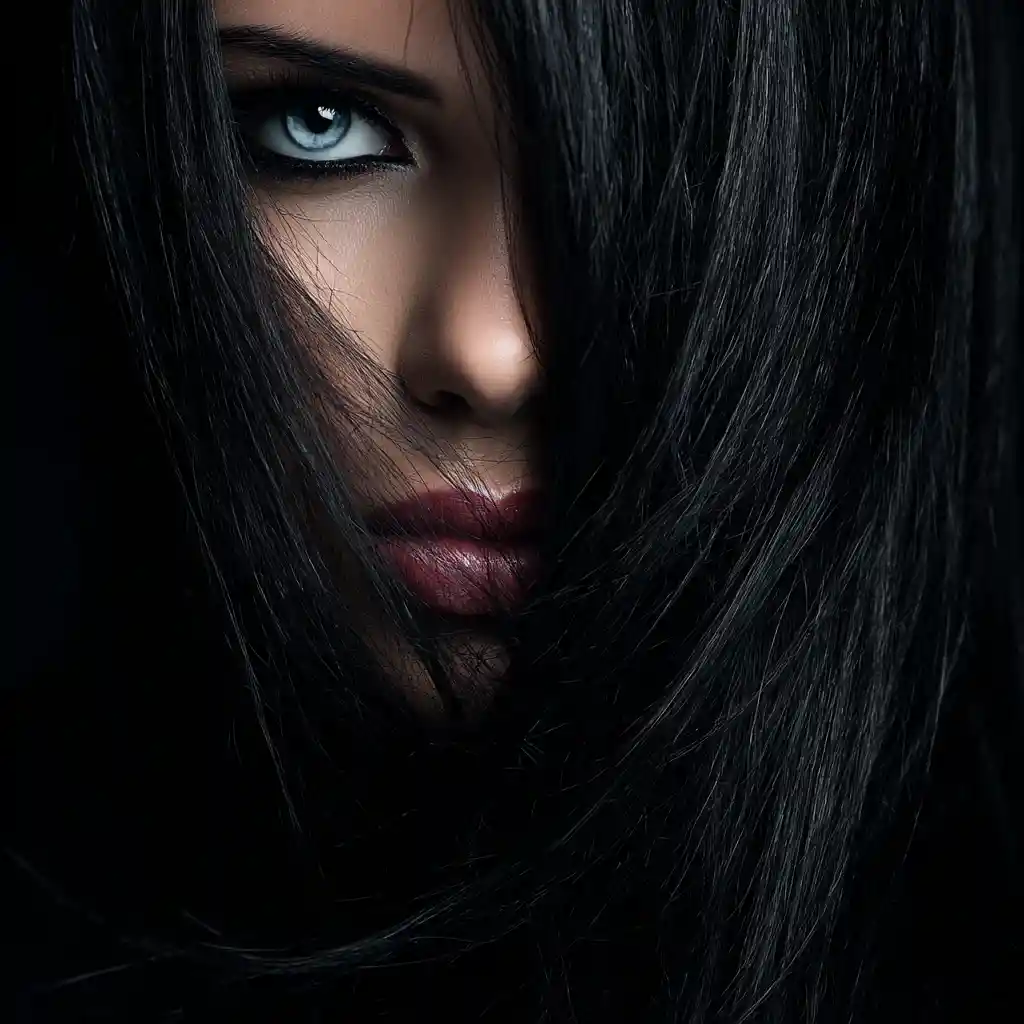 Gotische Frau im Chiaroscuro mit stechend blauen Augen