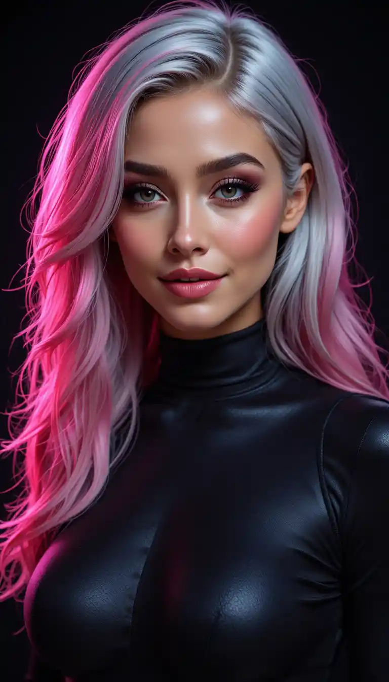 Confident woman in black catsuit under pink backlight
