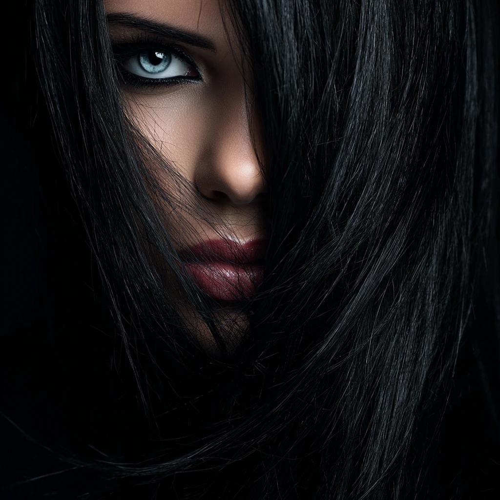 Gothic woman in chiaroscuro with piercing blue eyes