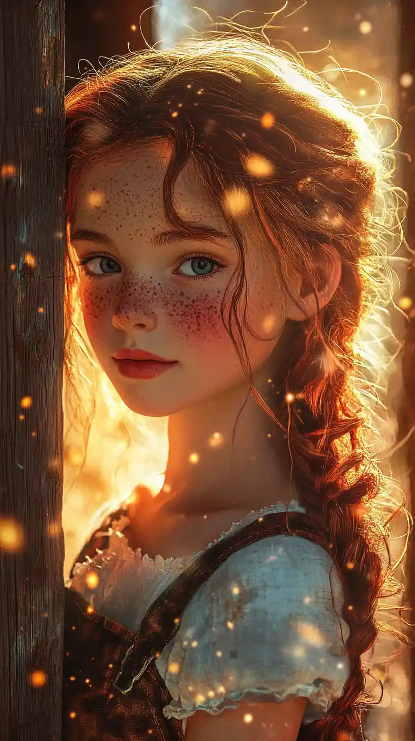 Anime girl by an old barn door in golden light