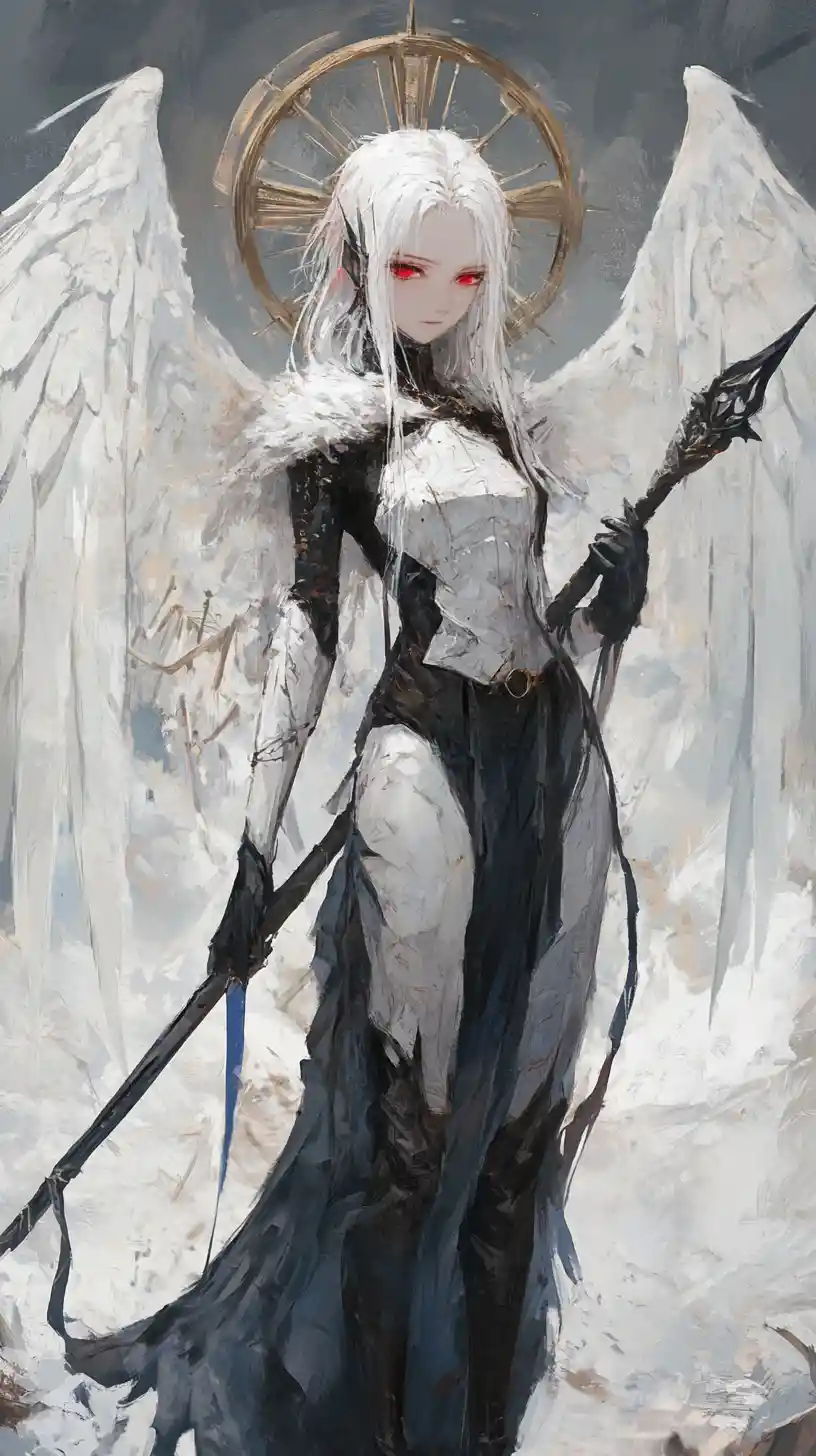 Anime angelic girl with spear in a mystical desert