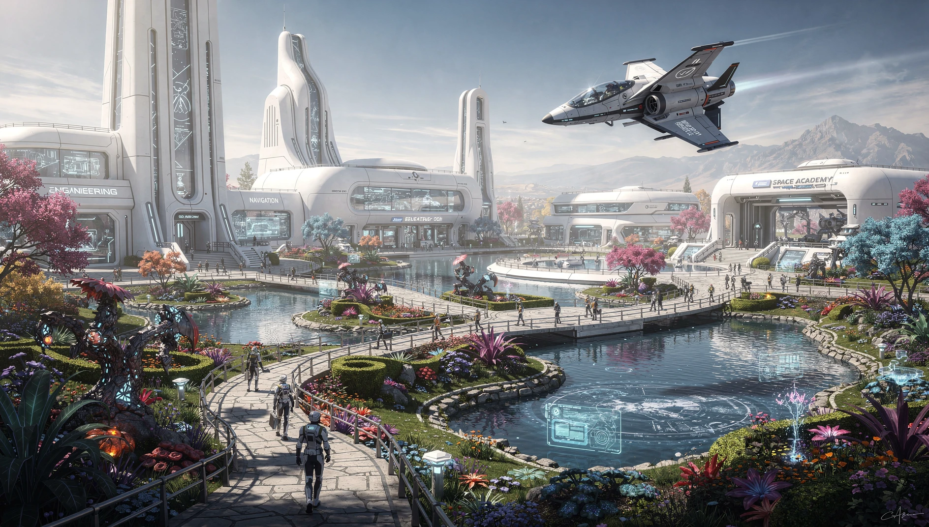 Futuristic space academy with sleek training spacecraft overhead