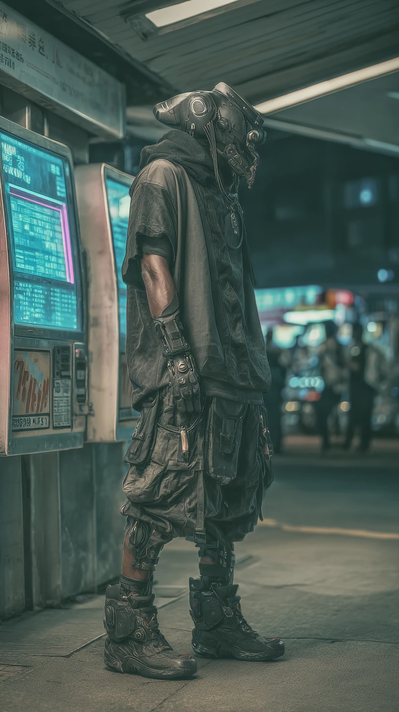 Cyberpunk woman in mask on neon Tokyo city street