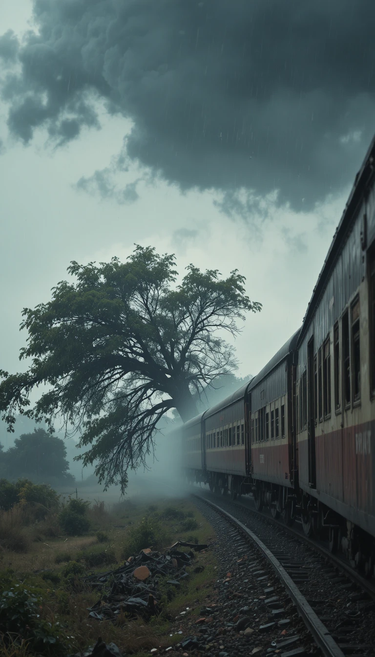 Passenger train crossing indian countryside in clear daylight