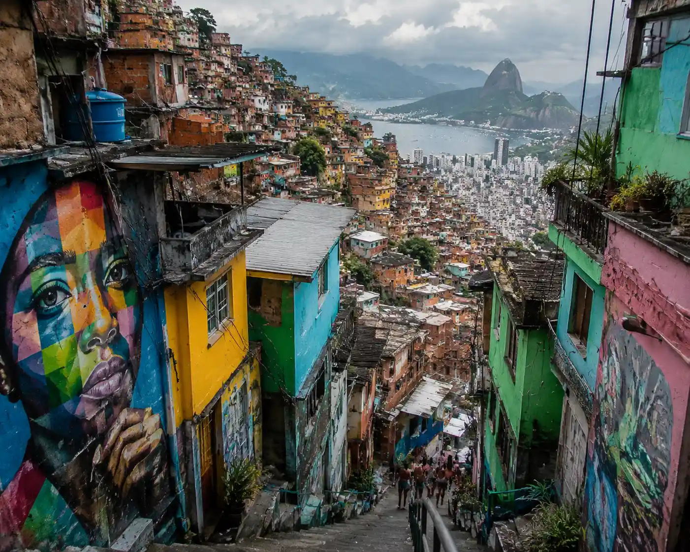 Colorful hillside favelas rising above the Rio de Janeiro city