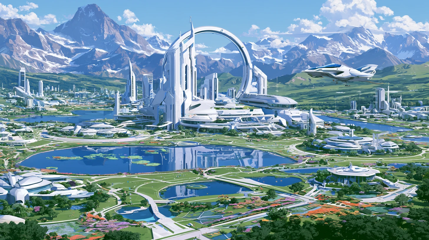 Futuristic space academy with gleaming towers and lakes