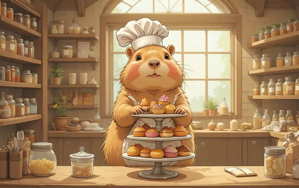 Anthropomorphic Capybara Chef Arranging Tiny Pastries in Bakery