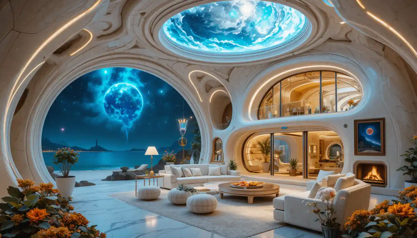 Futuristic organic house by the ocean with party guests