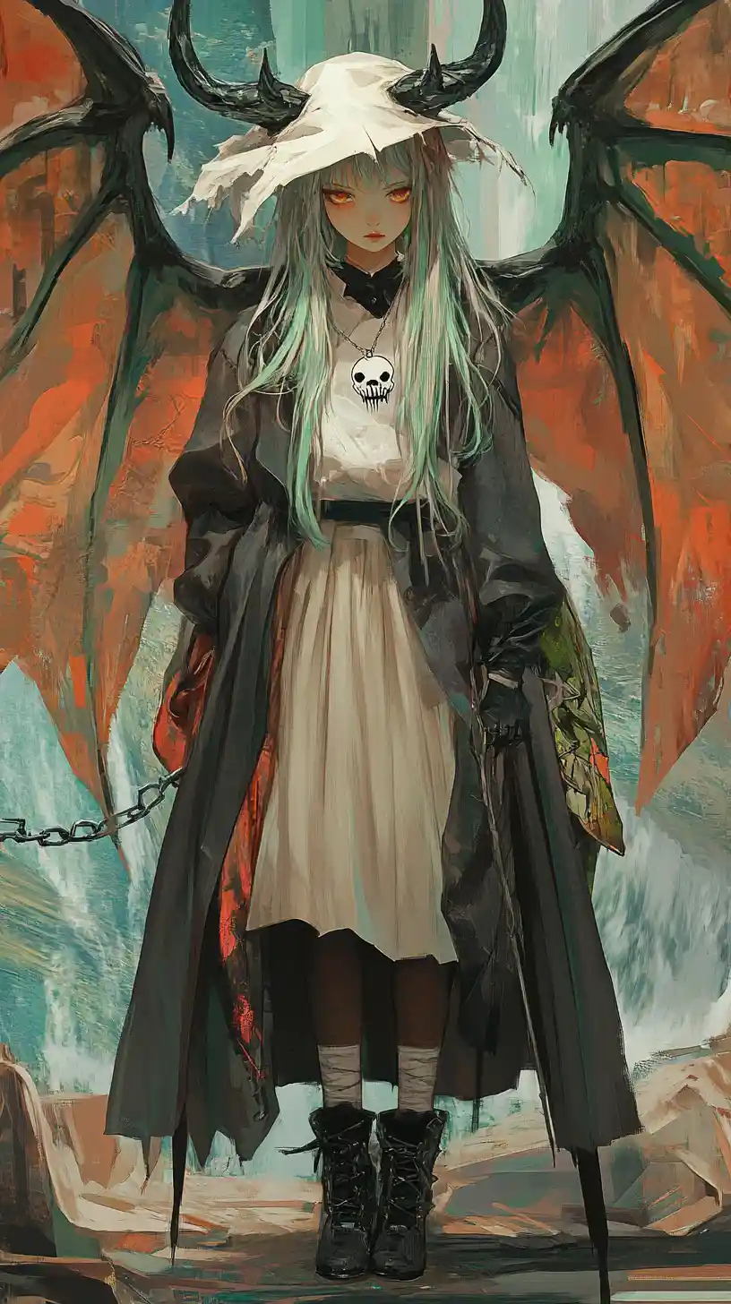 Dragon winged girl with sword by a waterfall camp
