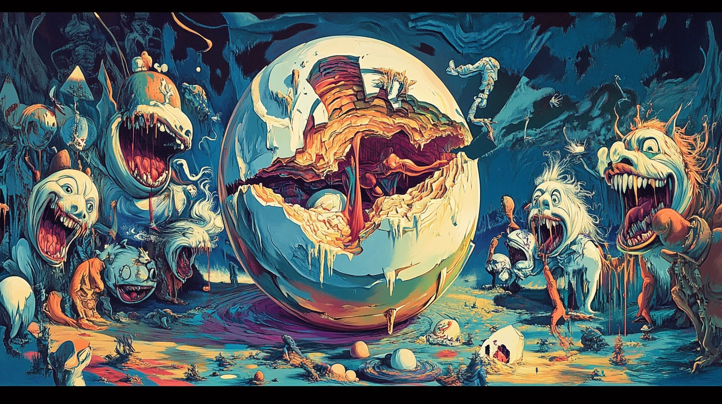 Crying Egg Woman Mourning Humpty Dumpty In Surreal Scene