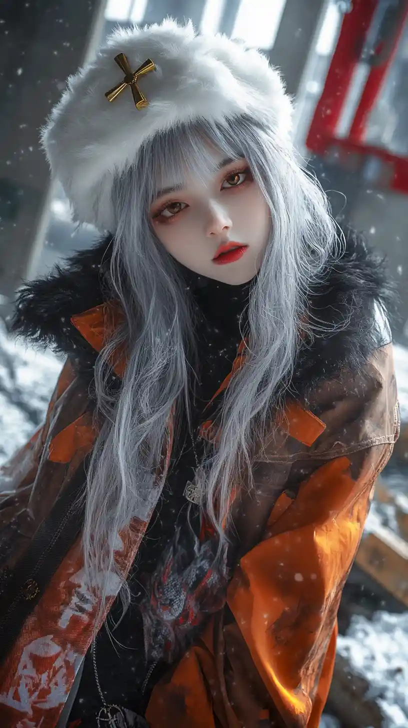Anime girl in winter clothes standing in a large hall