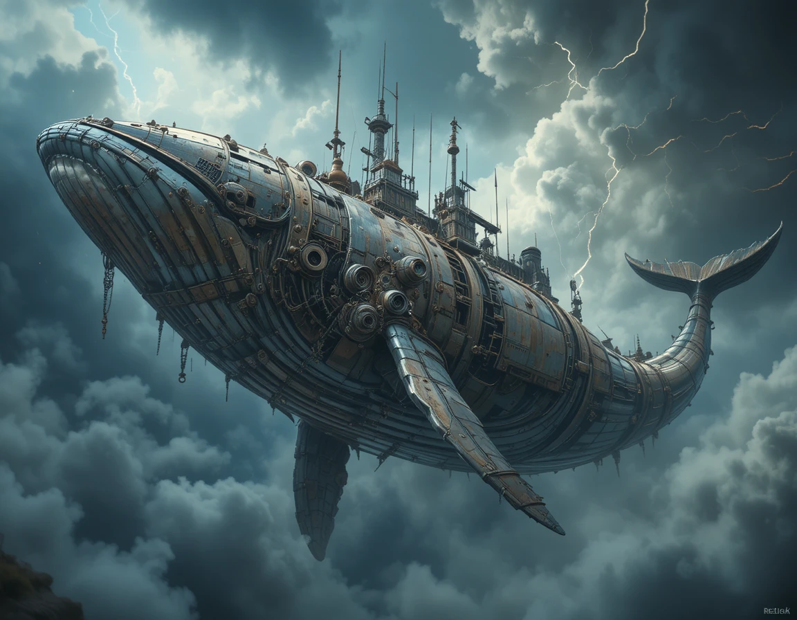 Mechanical whale swimming through storm clouds with lightning