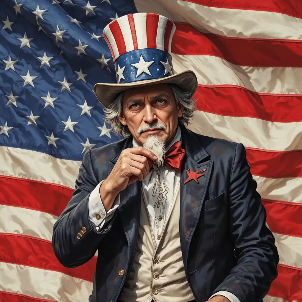 Uncle Sam man in red white and blue with flag