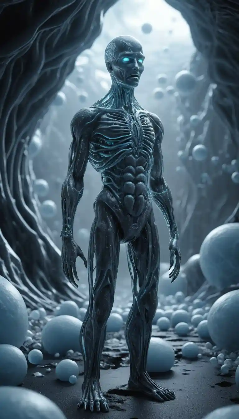 Frozen humanoid statues in an alien organic landscape
