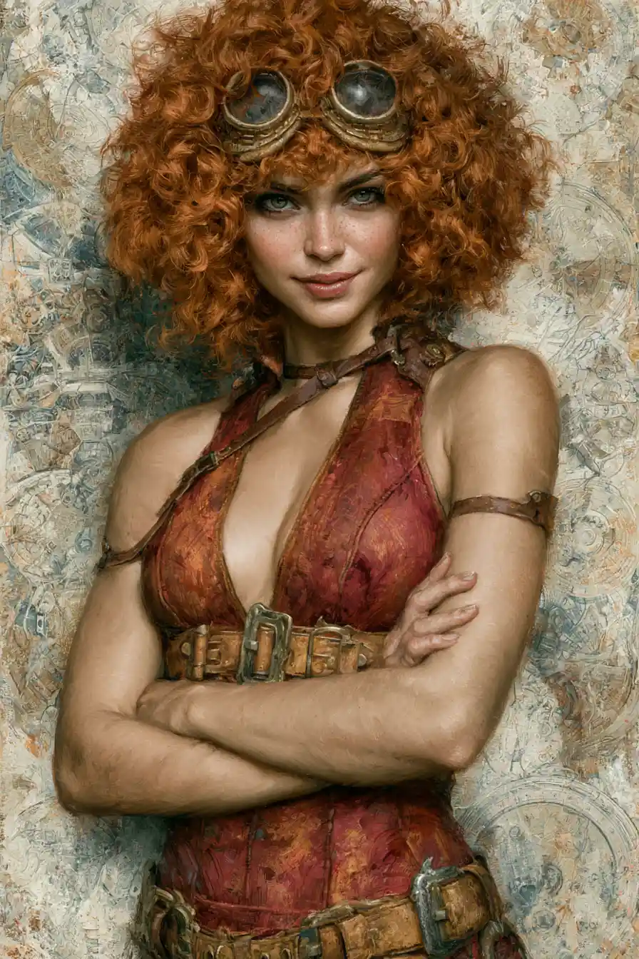 Steampunk fantasy woman portrait with copper curls and goggles
