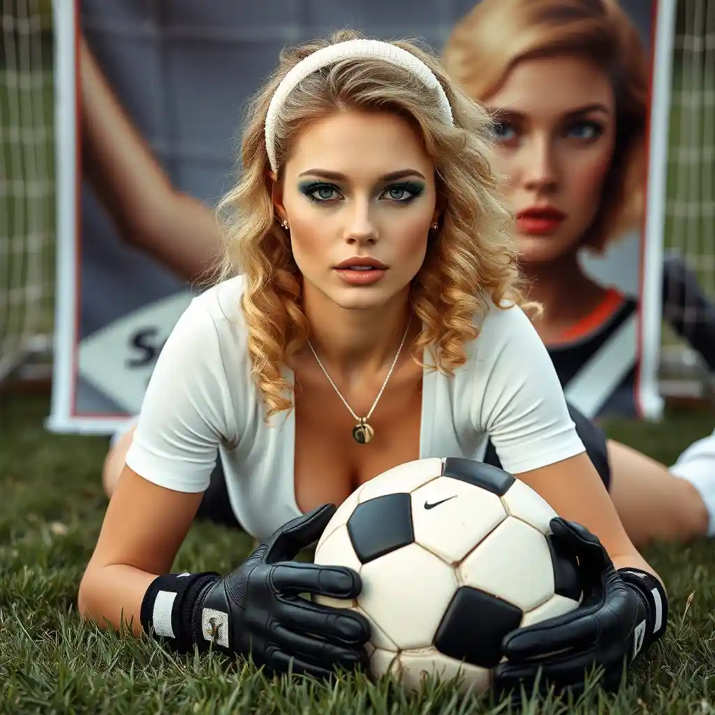 Blonde model in 1960s fitness outfit lying on grass