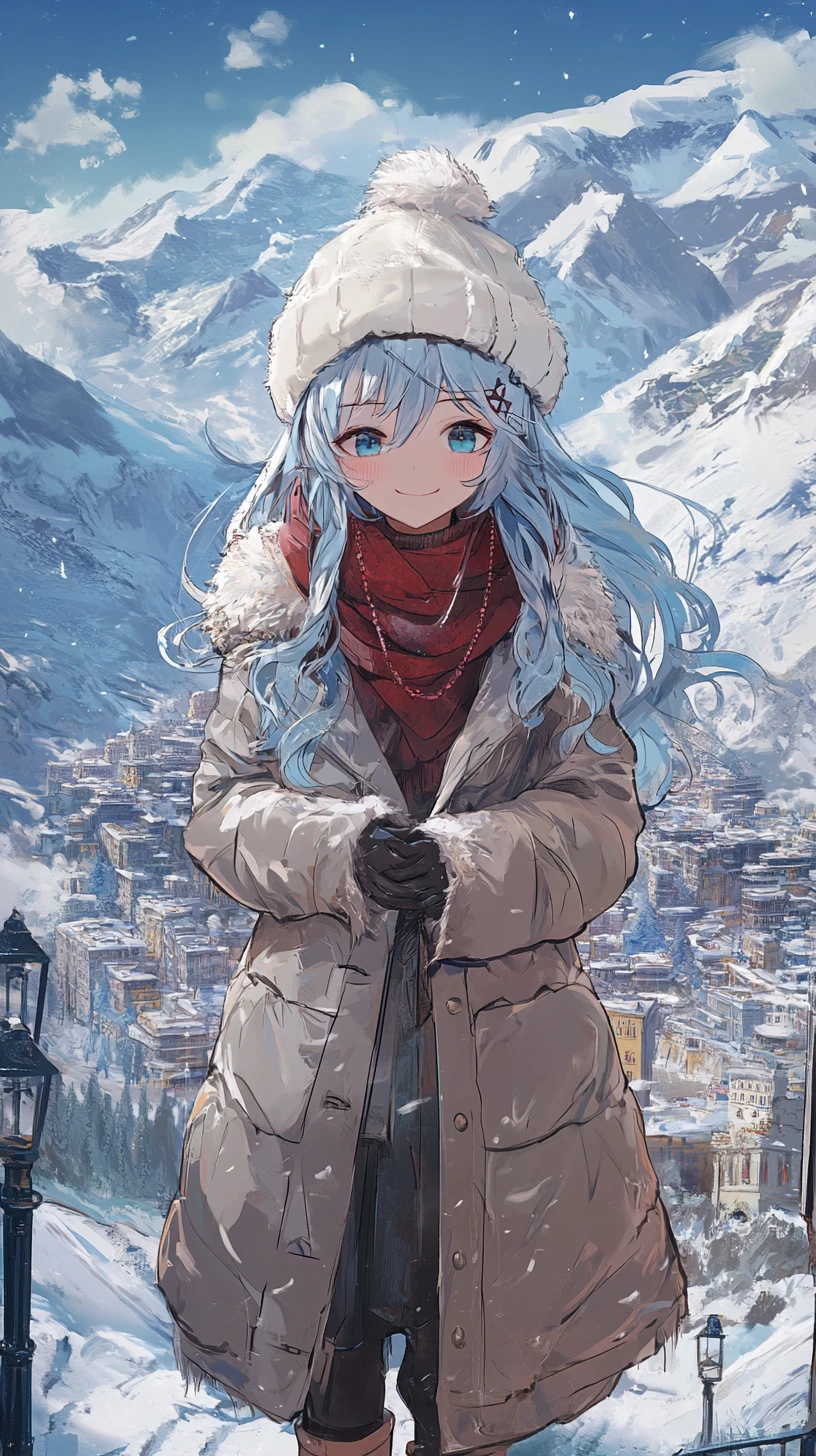 Anime girl in ancient sea colored city with arches