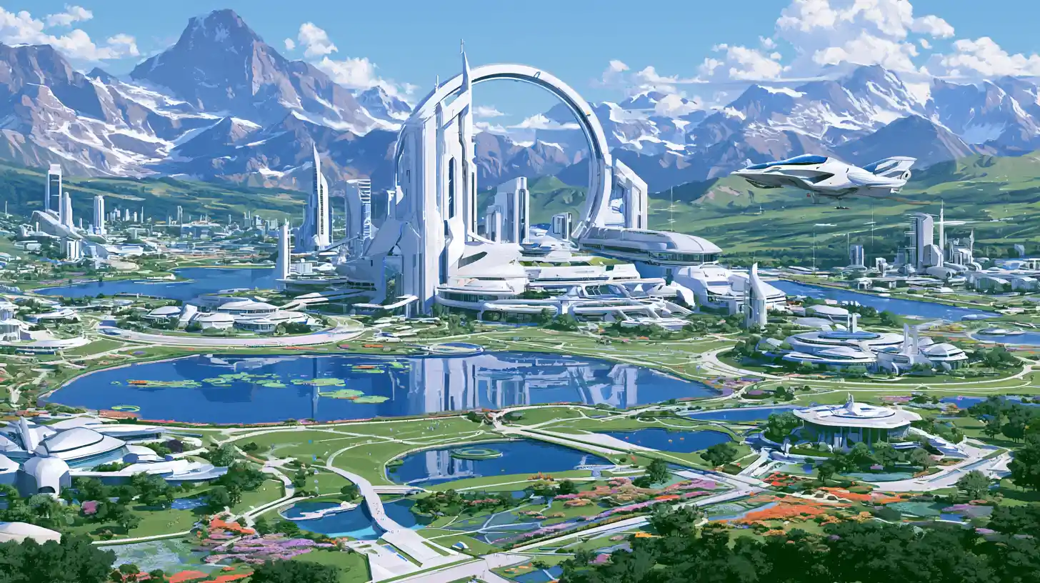Futuristic space academy with gleaming towers and lakes