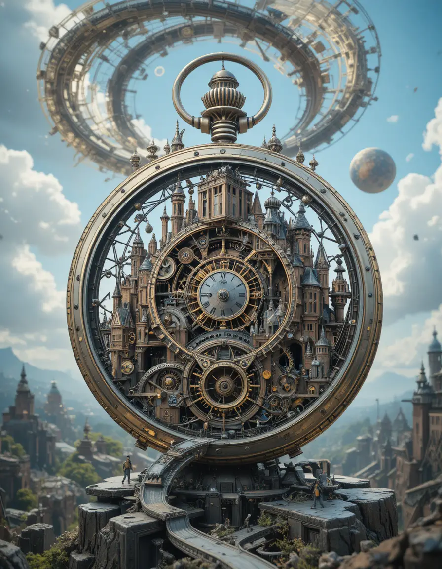 Miniaturstadt verborgen in einer riesigen mechanischen Taschenuhr
