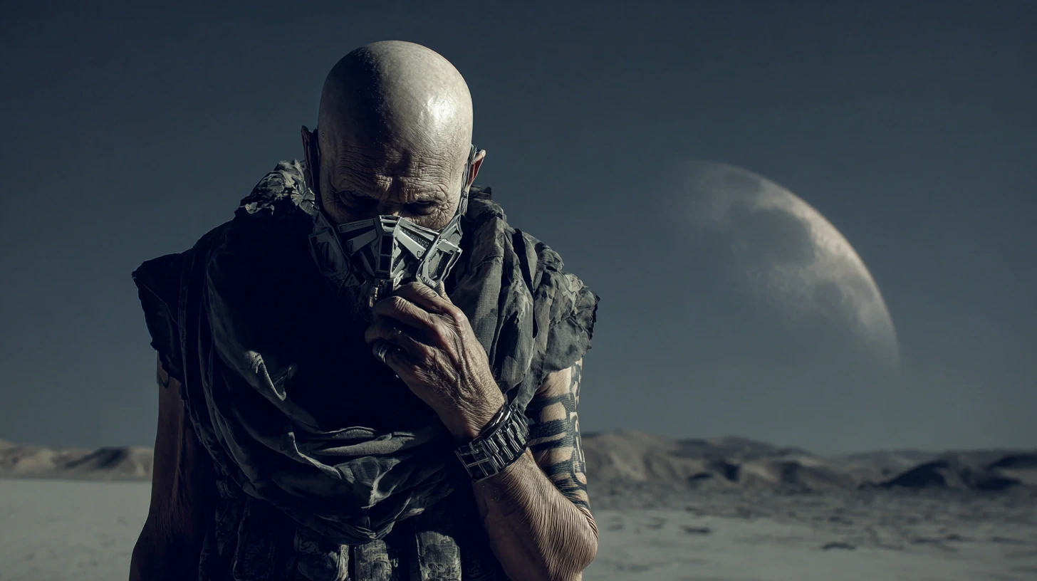 Bald sci fi man in mask standing alone in desert