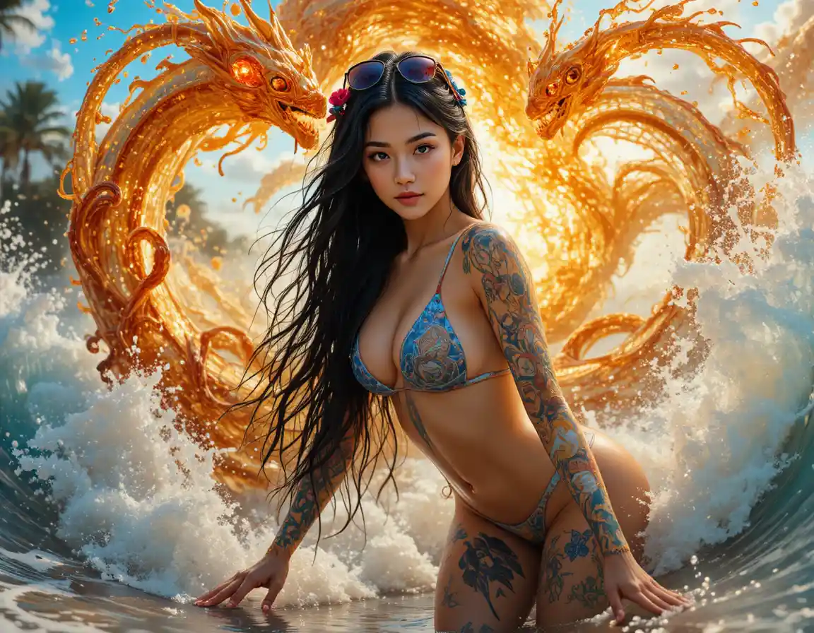 Tattooed surfer woman amid golden particles and waves