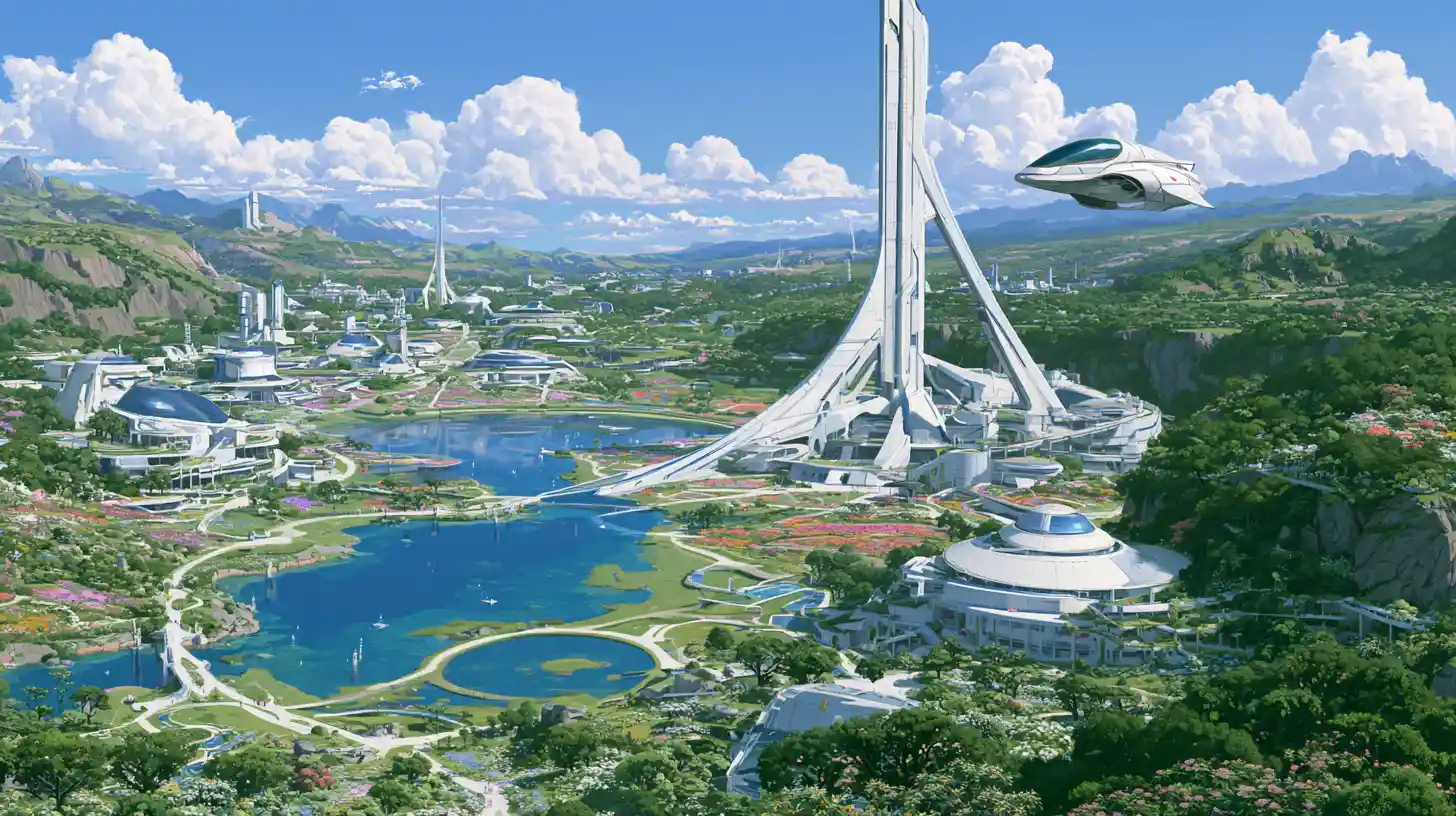 Futuristic space academy with sleek training fighter overhead