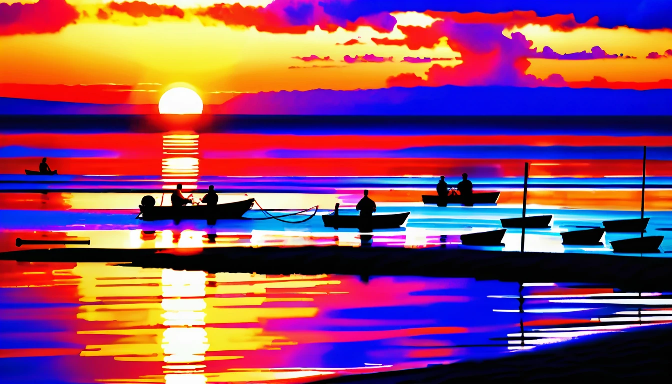 Parallel ocean waves with boats arranged like musical notes