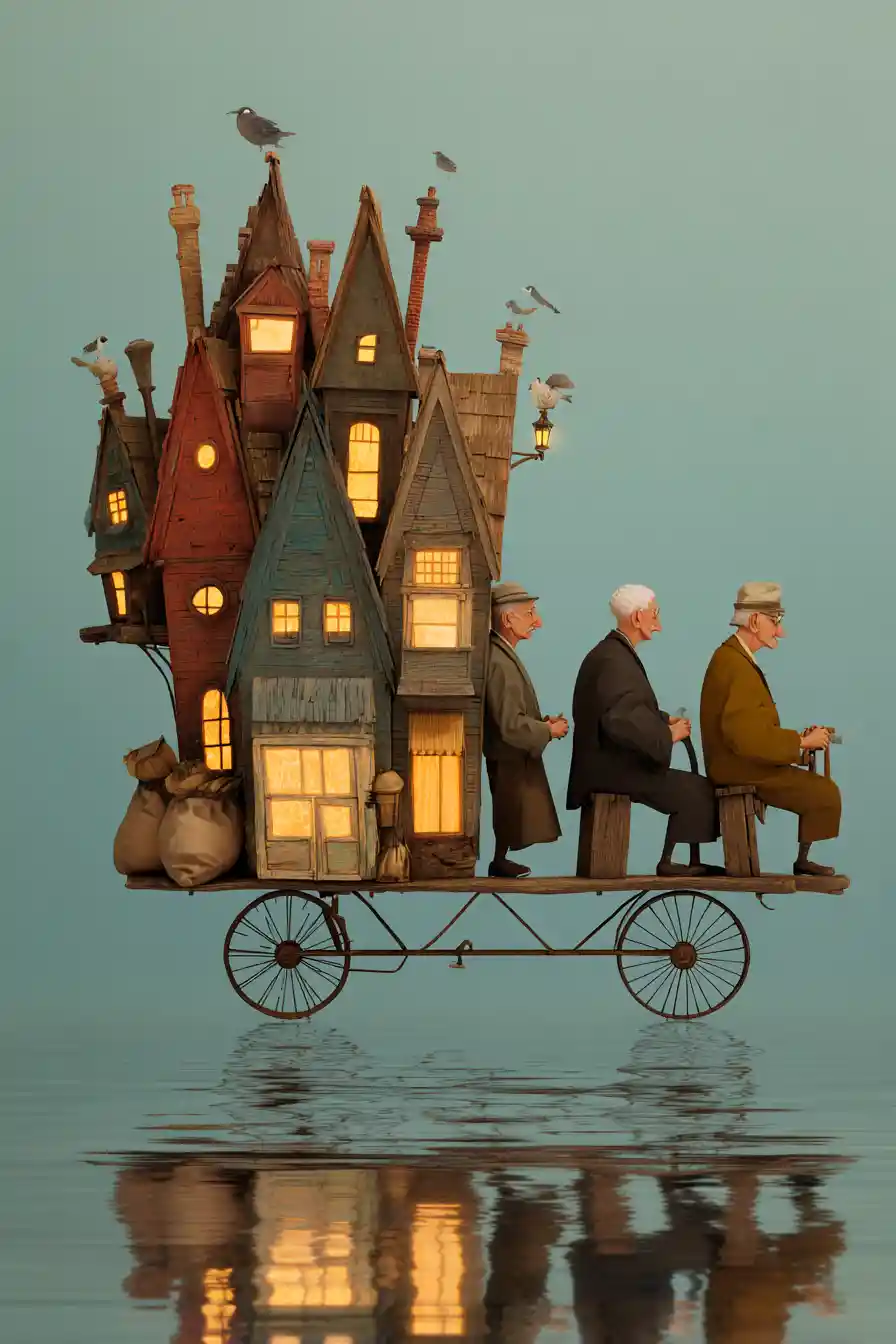 Whimsical men riding a tiny town on a bicycle