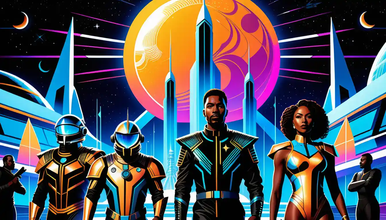 Black space explorers gather in a neon lit spaceport