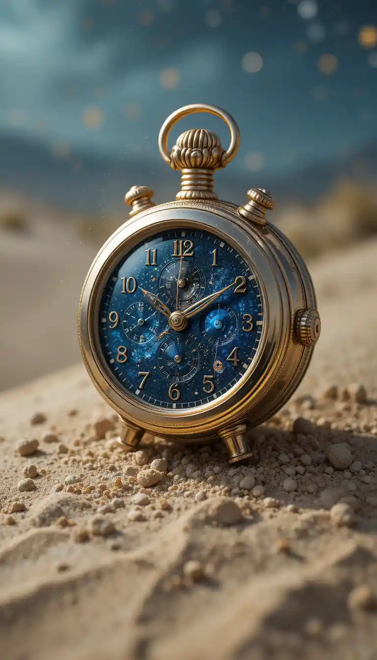Small pocket watch resting in quiet desert sand dunes