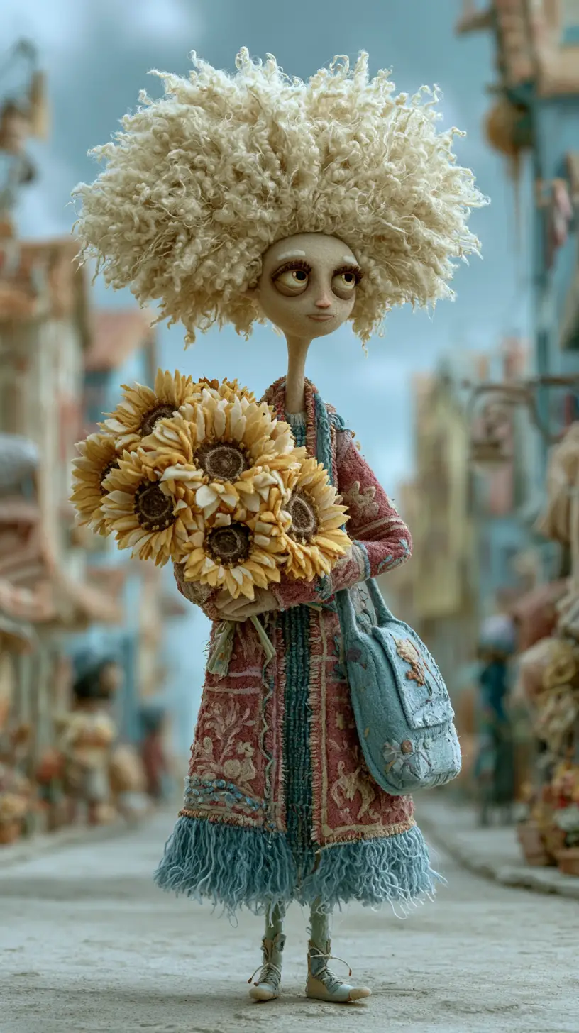 Ragazza in stop motion di feltro che abbraccia girasoli giganti in strada