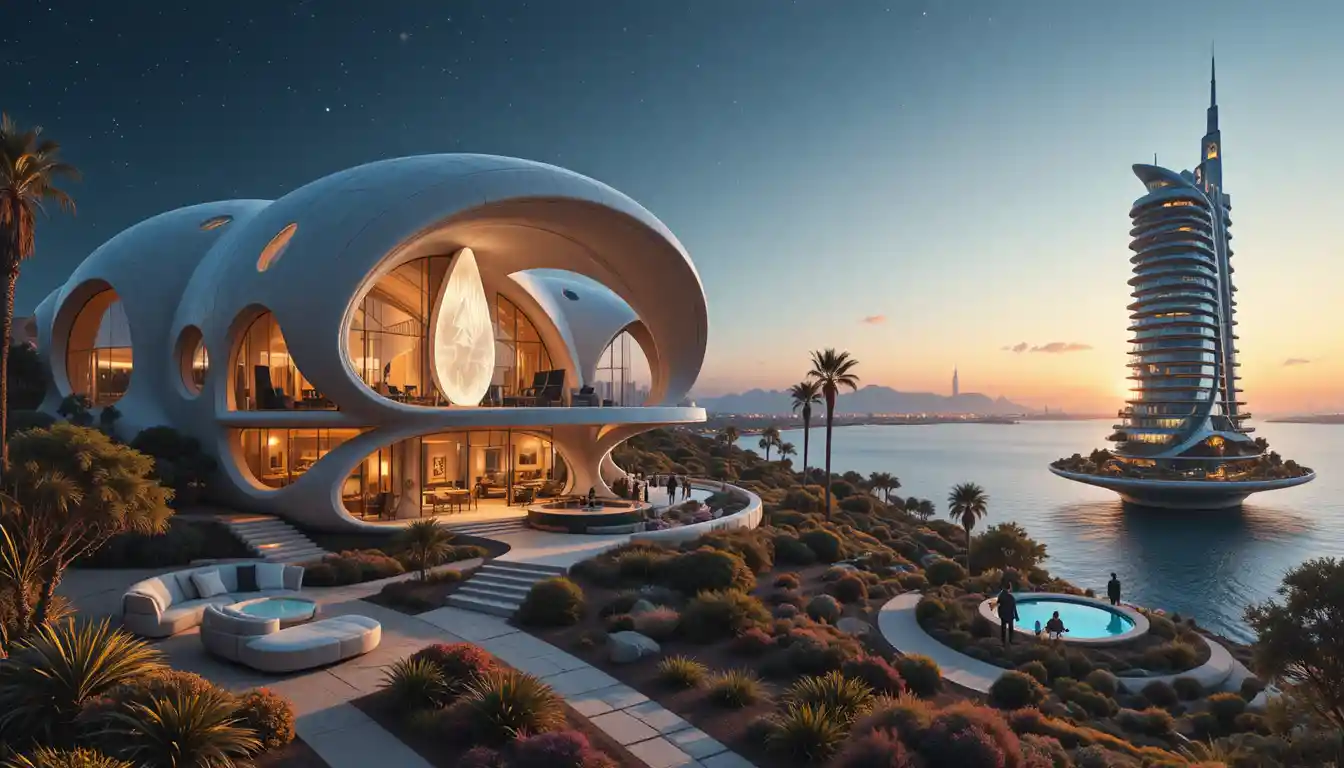 Futuristic organic villa with twisting forms in a garden