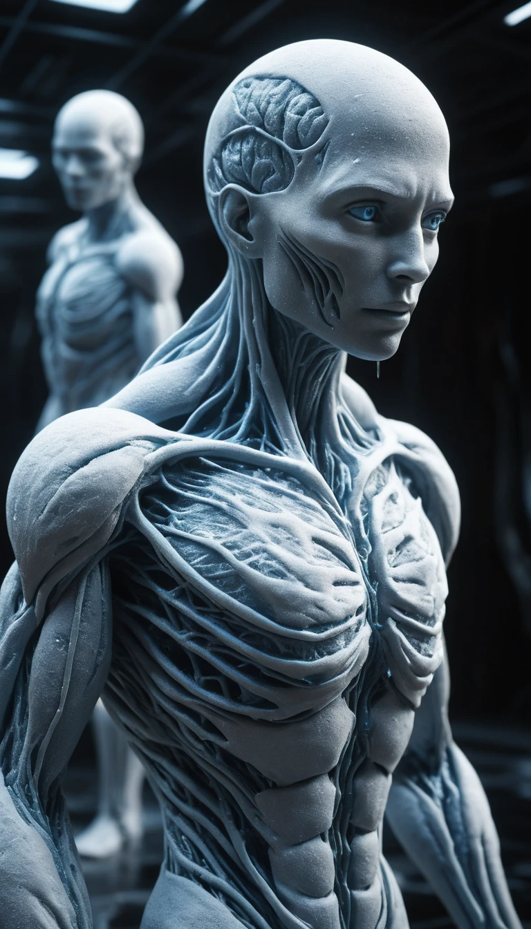 Frozen humanoid statues in an alien organic landscape